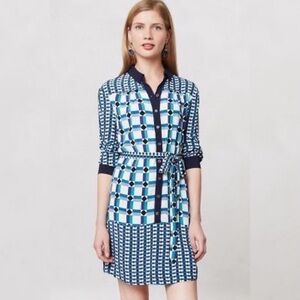 Anthropologie Maeve Belted Shirtdress Sz0 White Blue Pattern